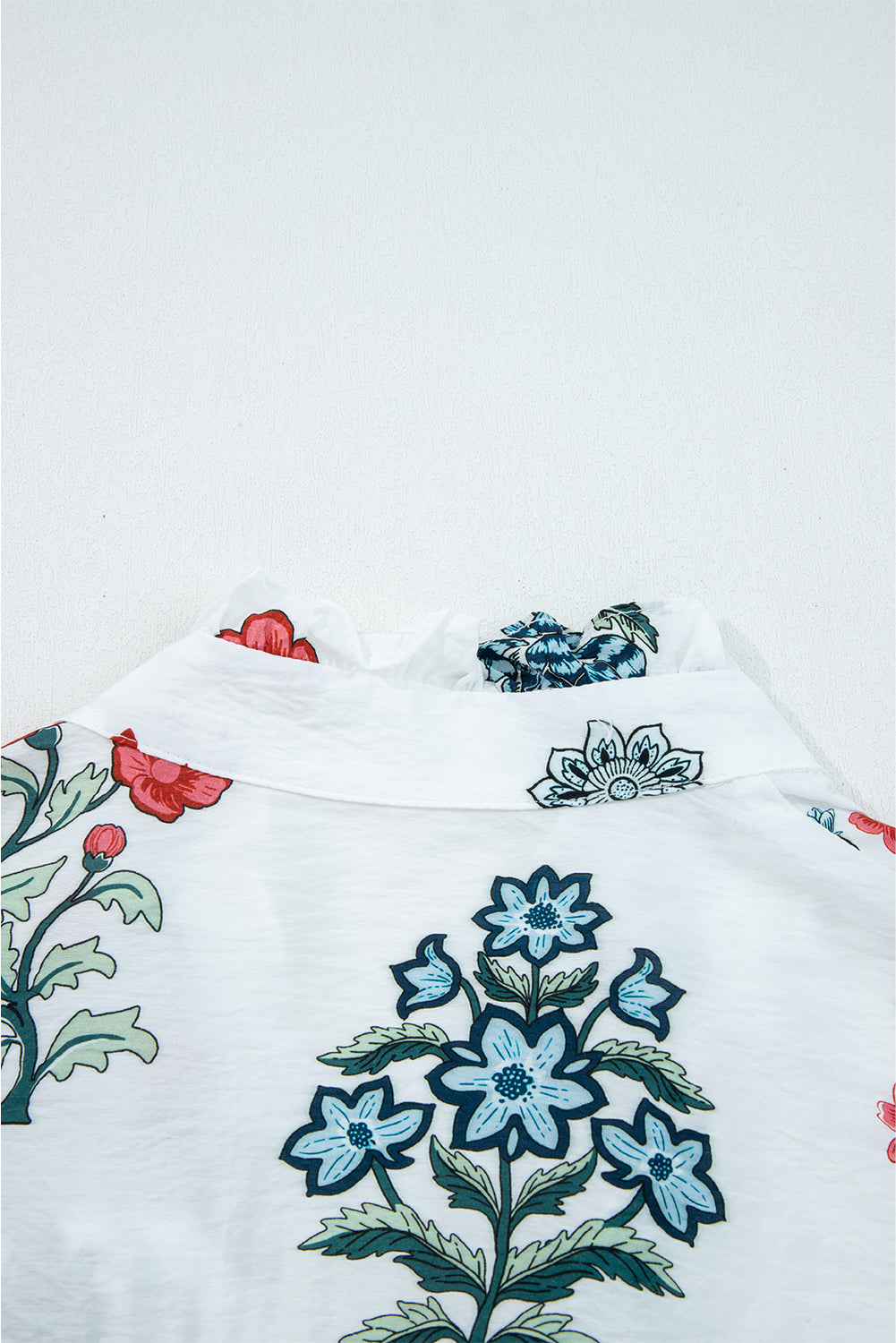 White Floral Print Frilled Collar V Neck Button Down Long Sleeve Shirt