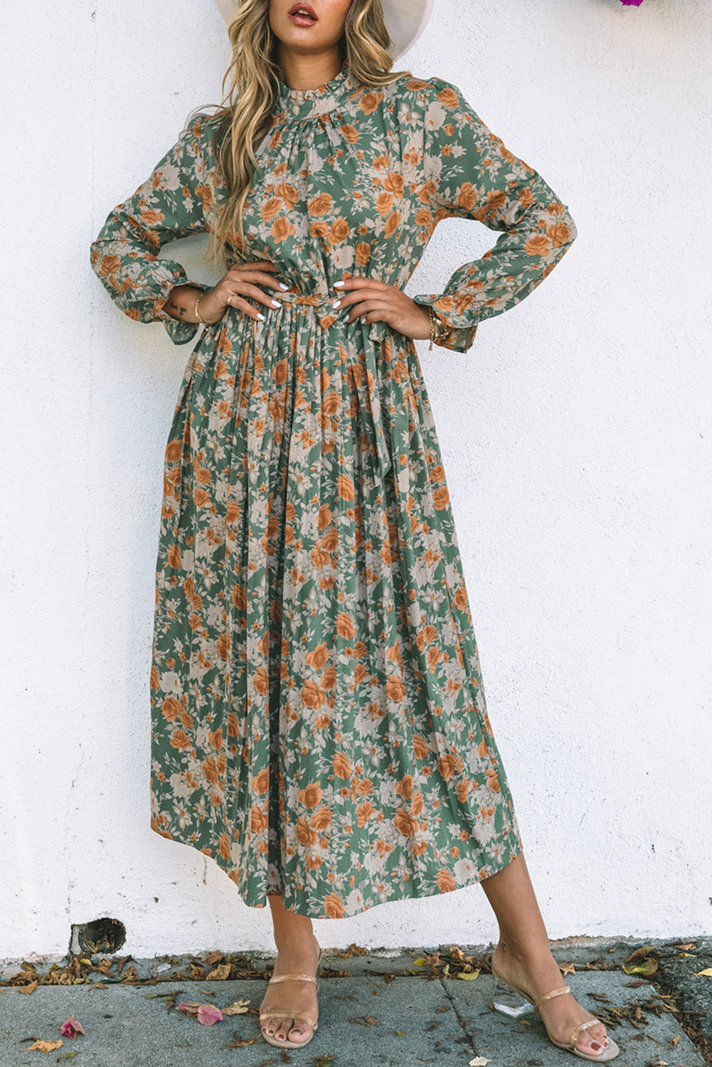 Green Pleated Long Sleeve Maxi Floral Dress with Tie