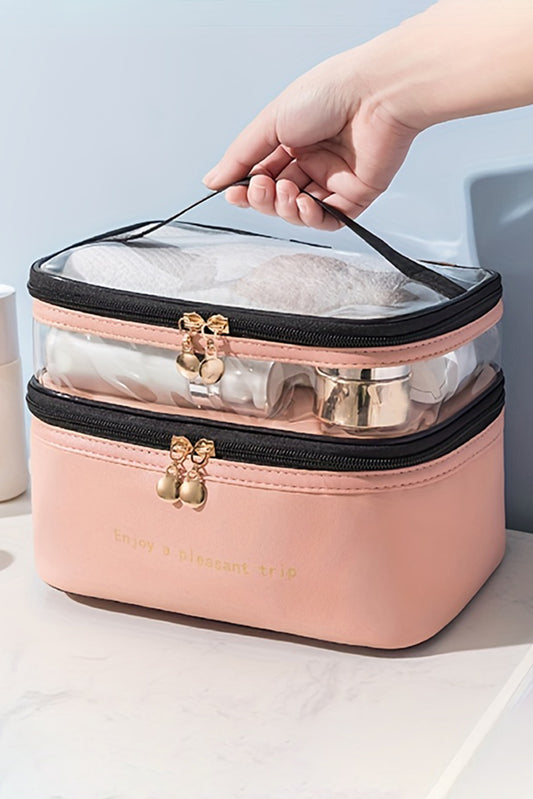 Pink Waterproof PVC Double-layer Cosmetic Bag