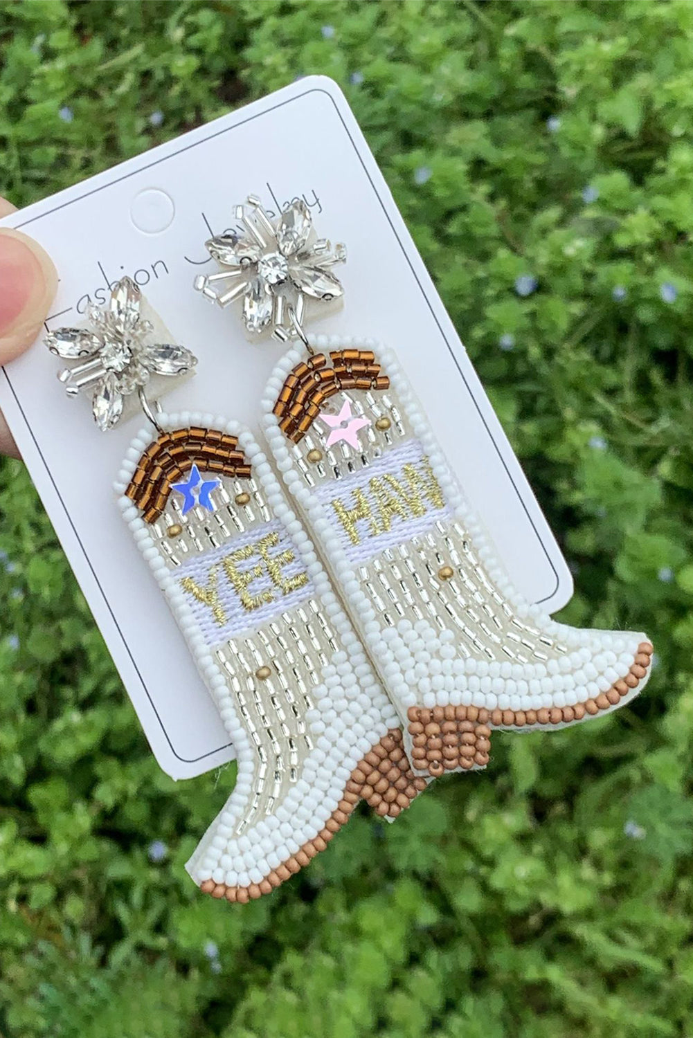 Beige Cowboy Boots Rice Bead Dangle Earrings