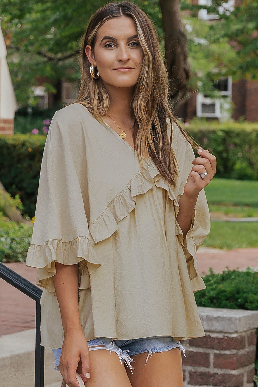 Apricot V Neck Draped Batwing Sleeve Ruffle Blouse