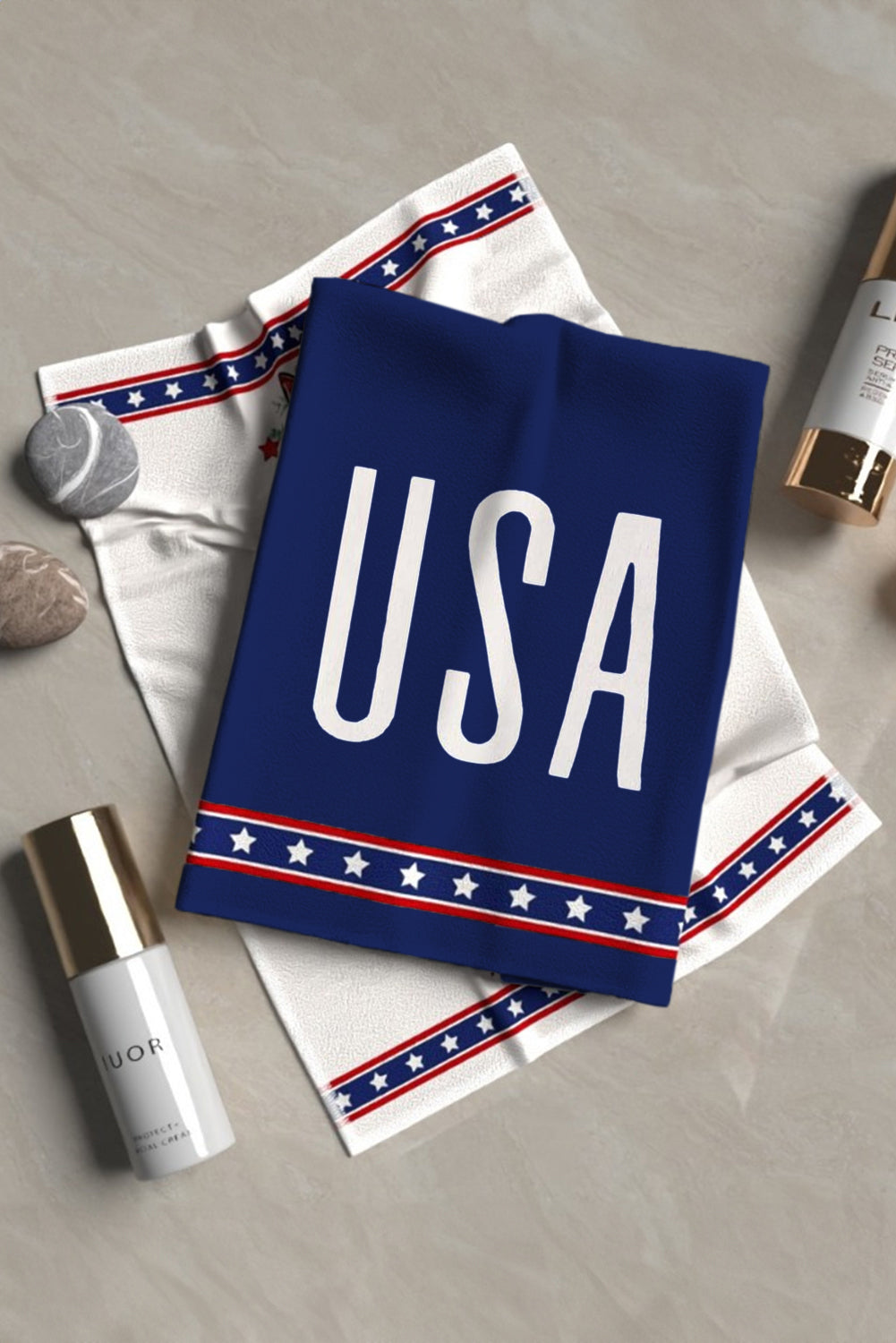 White 2pcs/set American Flag Star Leaves Print Soft Towel