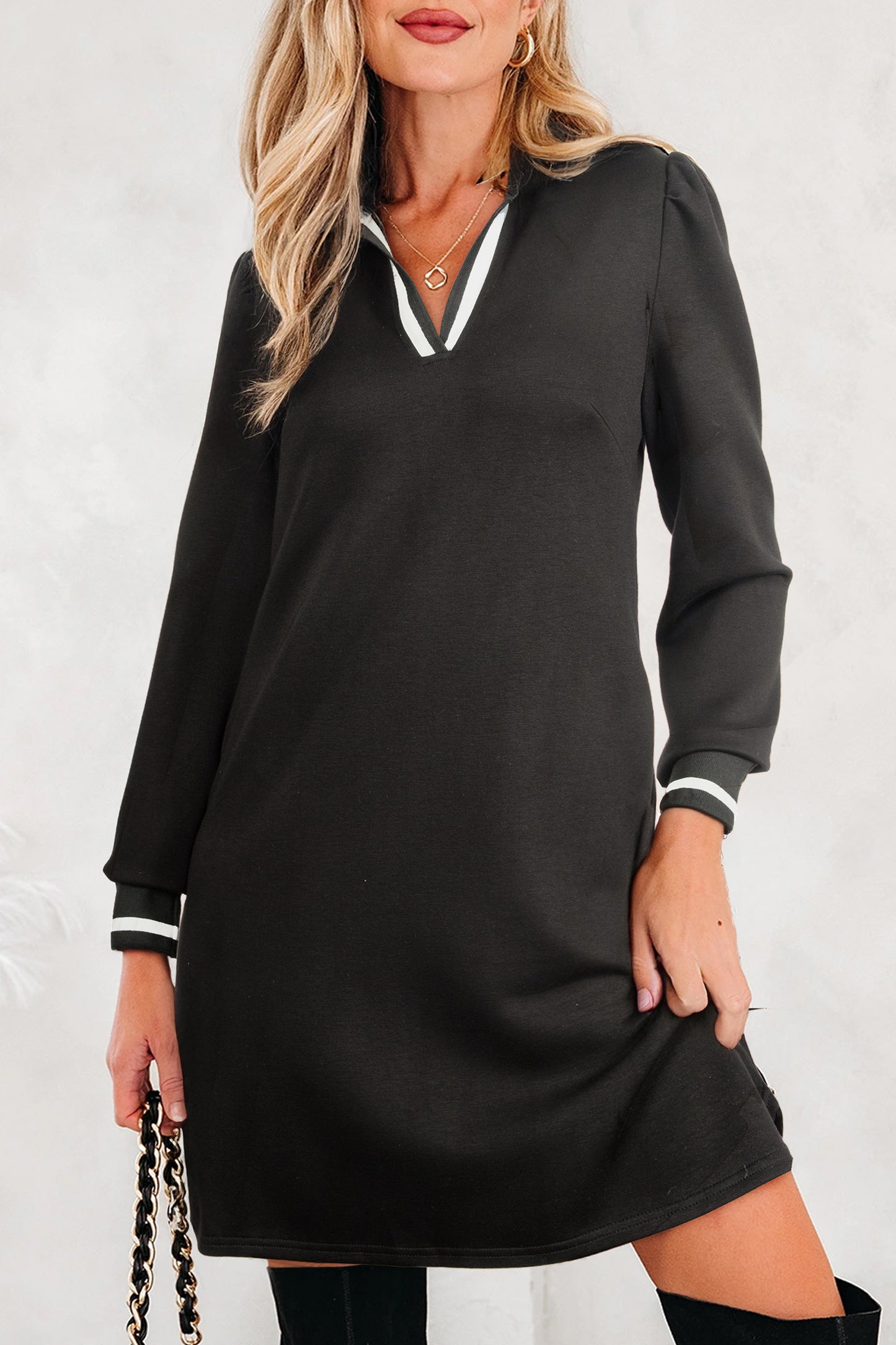 Black Striped Trim V Neck Collared Long Sleeve Shift Mini Dress