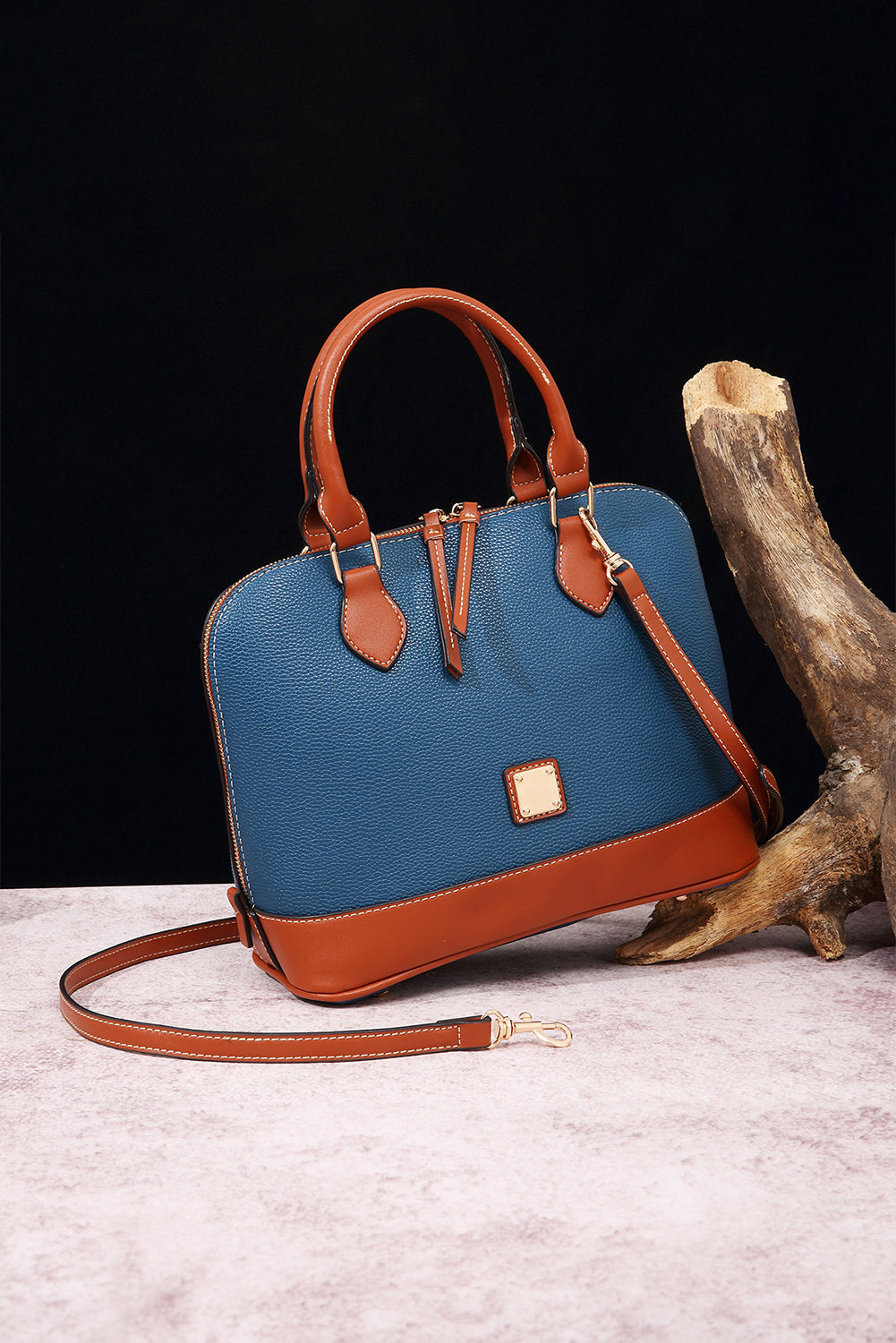 Ashleigh Blue Color Contrast PU Leather Zipper Tote Bag