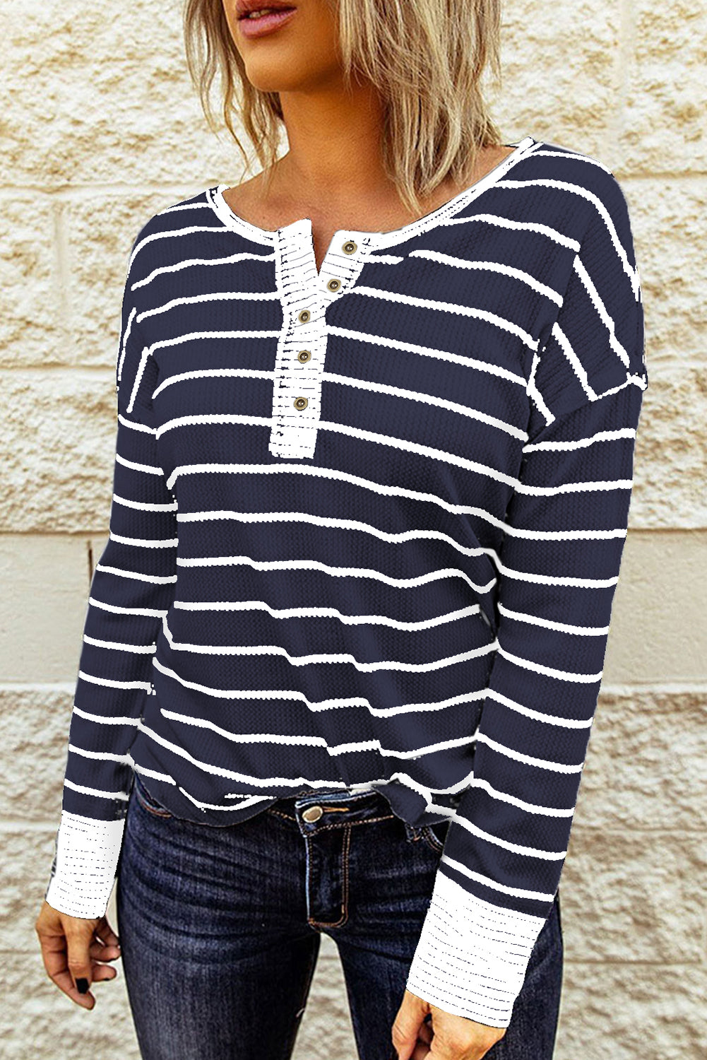Navy Blue Striped Color Block Buttoned Waffle Knit Shirt