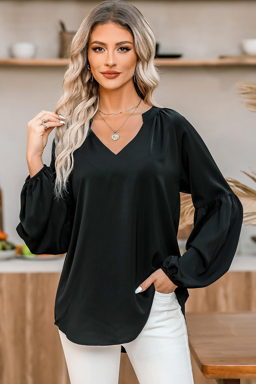 Black Fiery V Neck Long Puff Sleeve Top