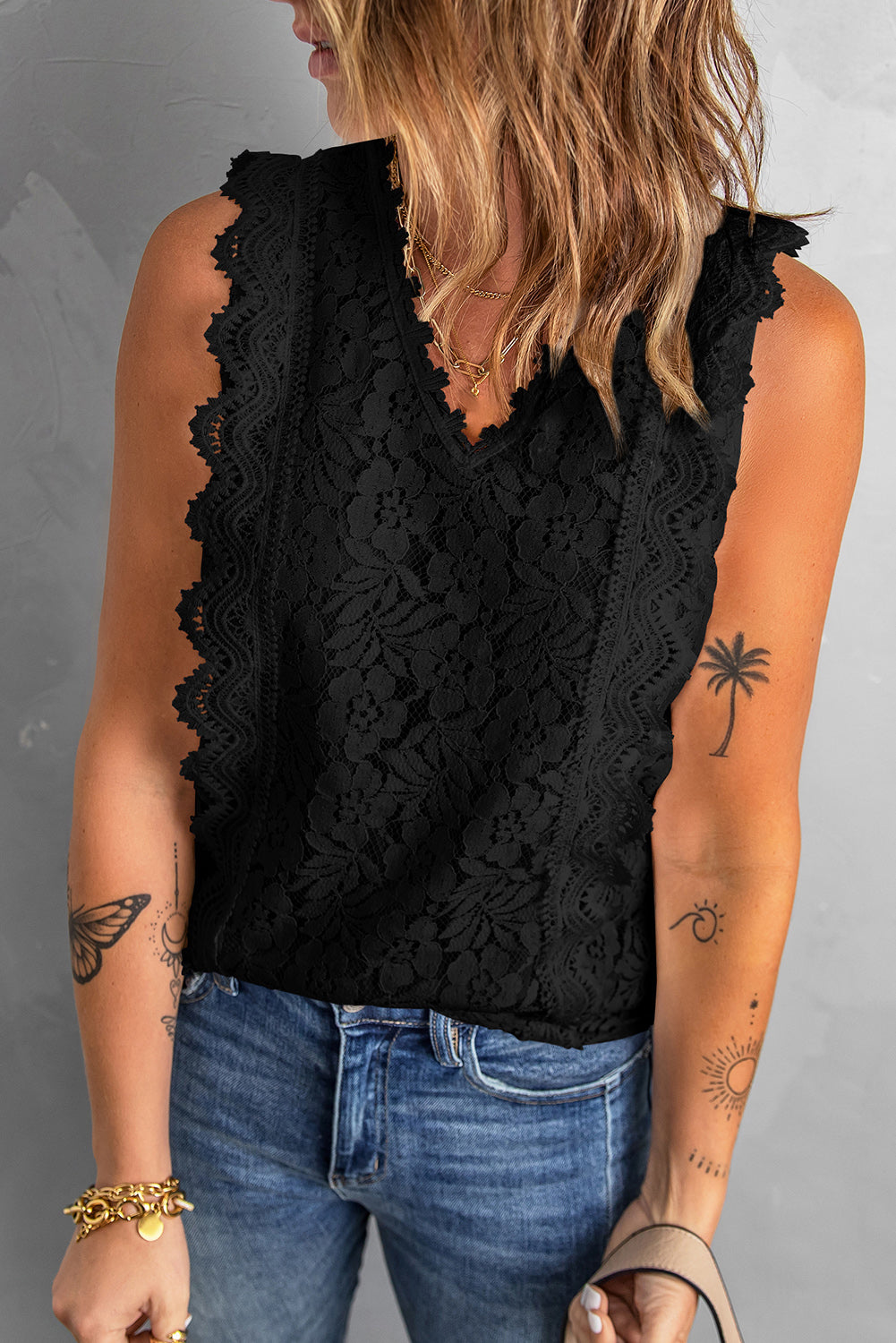 Black Lace V Neck Tank Top