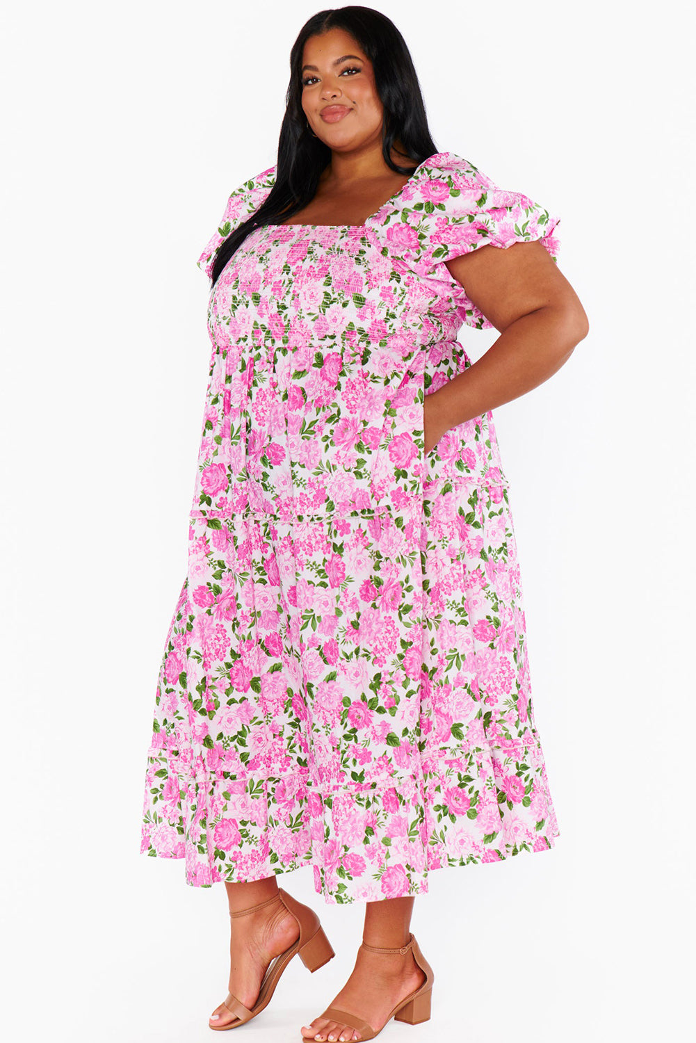 Pink Plus Size Floral Print Smocked Puff Sleeve Dress