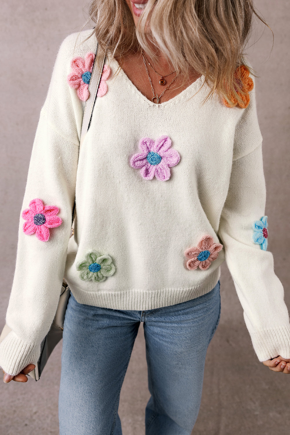 White Crochet Flower V Neck Sweater