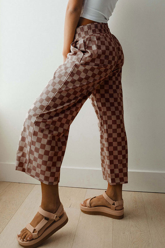Khaki Checkered Elastic High Waist Loose Casual Pants