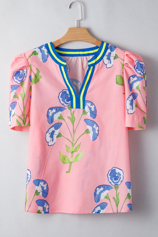 Pink Floral Print Striped Notched V Neck Bubble Sleeve Blouse