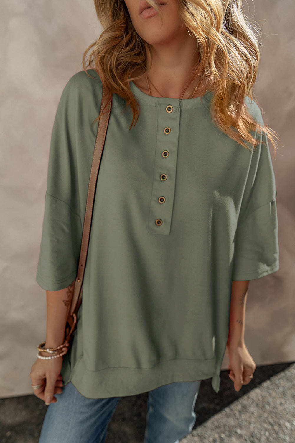 Jungle Green Exposed Seam Button Neck Wide Sleeve Tunic Top