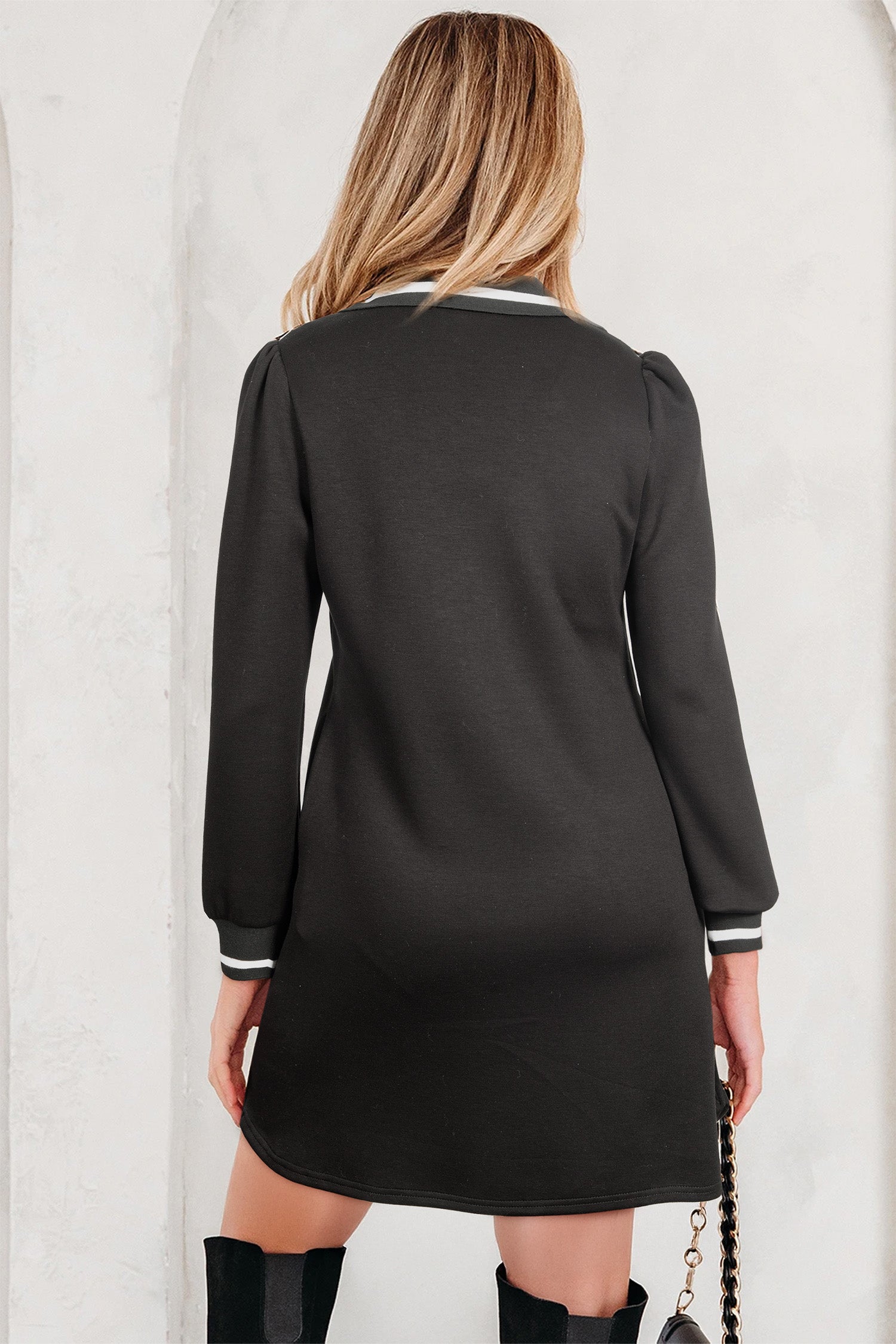 Black Striped Trim V Neck Collared Long Sleeve Shift Mini Dress