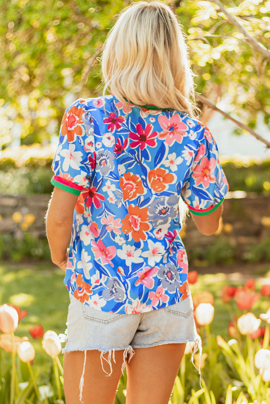 Sky Blue Floral Colorblock Edge Puff Sleeve Split Neck Blouse