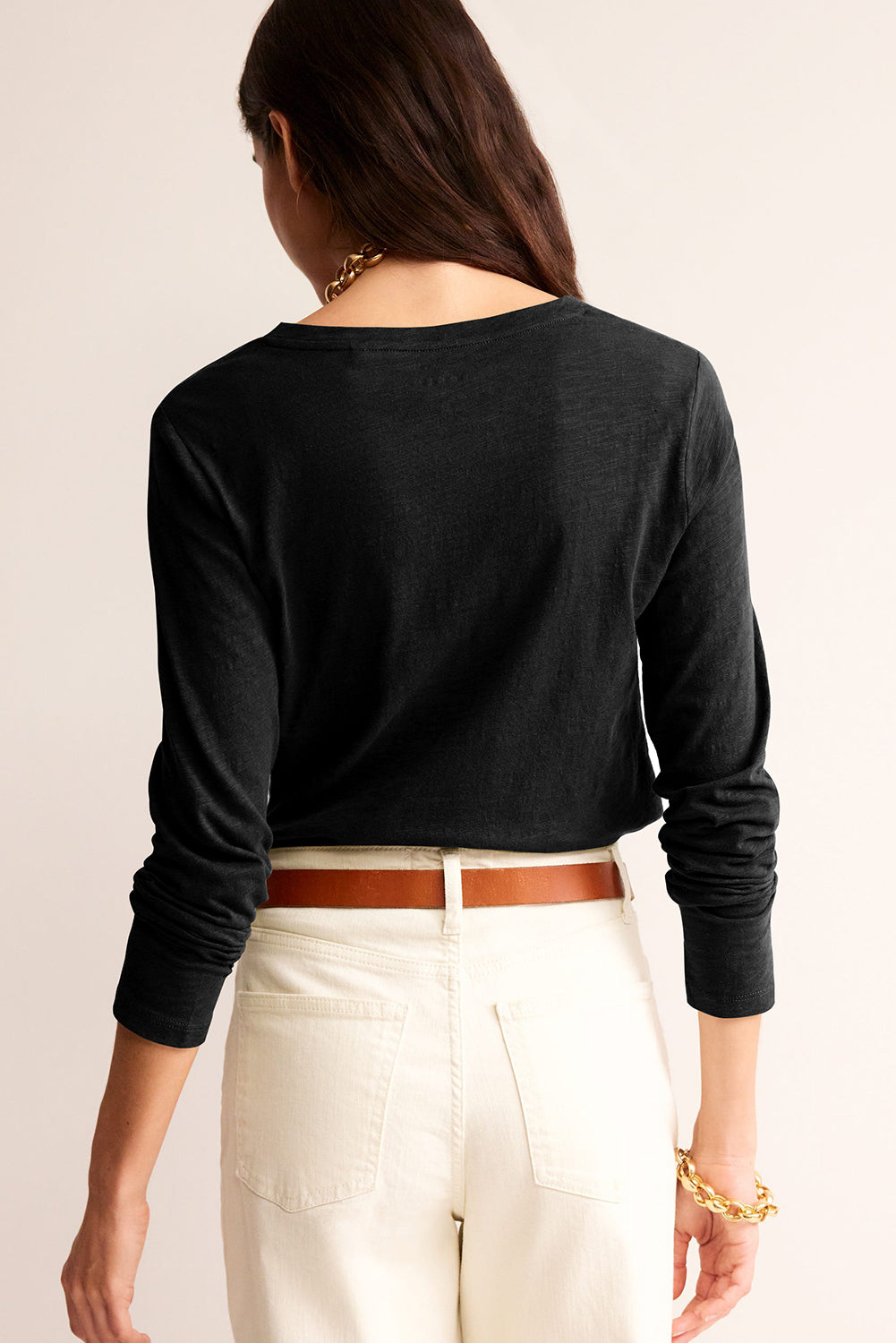 Black Solid Color V Neck Long Sleeve Stretchy Top