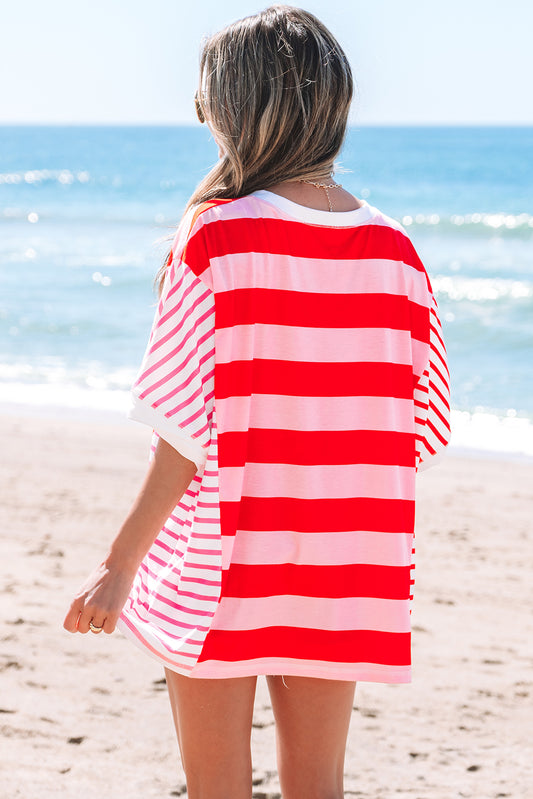 Pink Stripe Patchwork Round Neck Side Split Loose T Shirt