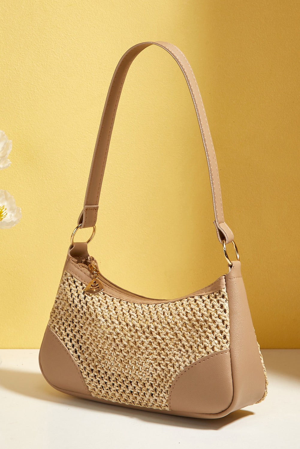 Khaki Straw Woven PU Leather Patchwork Shoulder Bag