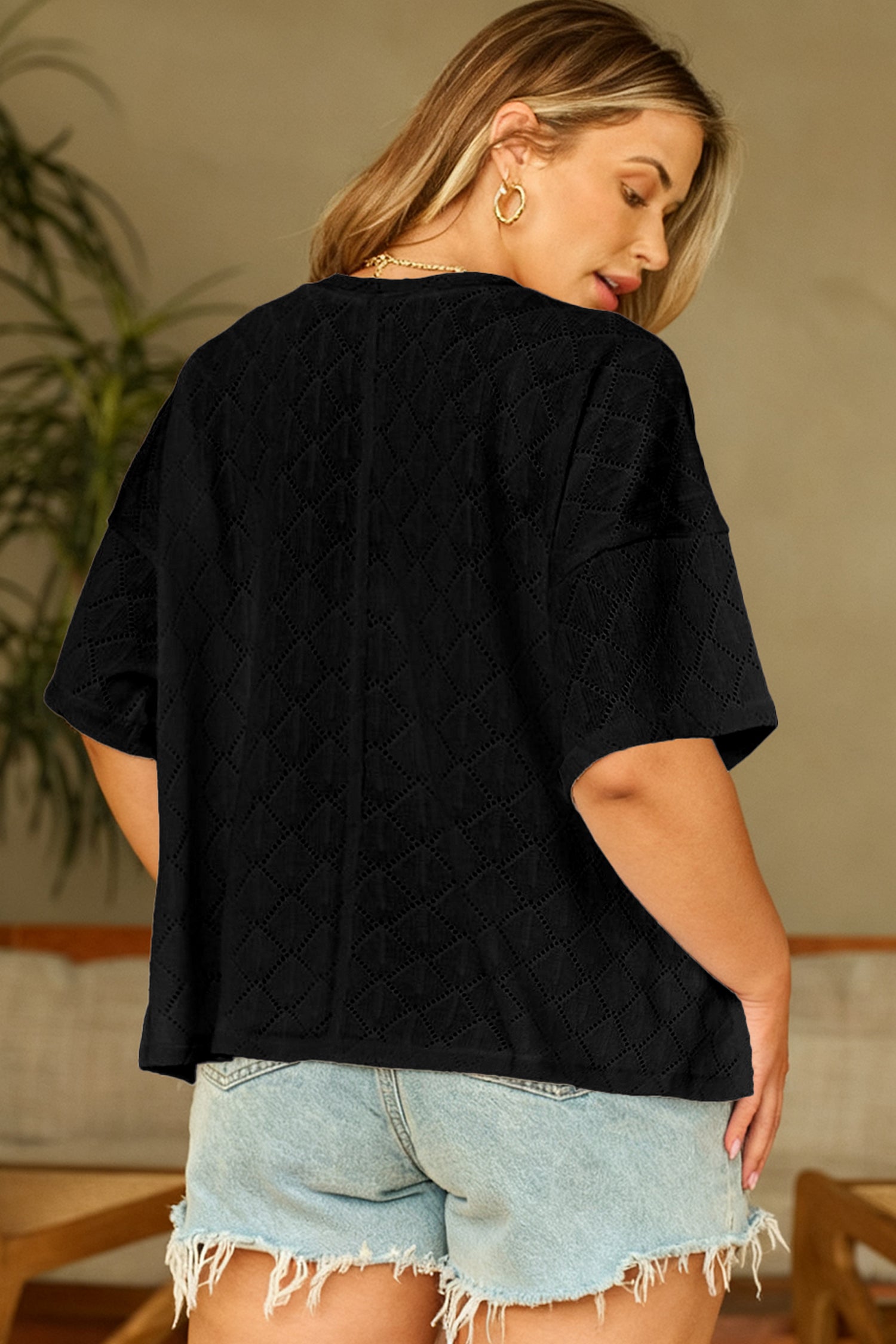 Black Pointelle Rhombus Knit Plus Size V Neck Loose Top