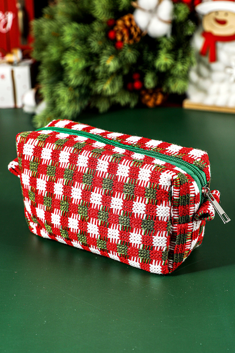 Racing Red Christmas Style Crochet Zipper Square Makeup Bag