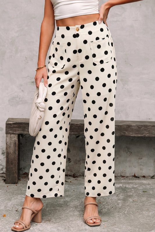 White Polka Dot Print Patched Pocket Loose Pants