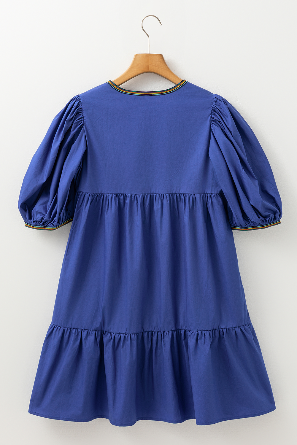 Bluing Colorful Striped Trim Puff Sleeve Pleated Mini Dress