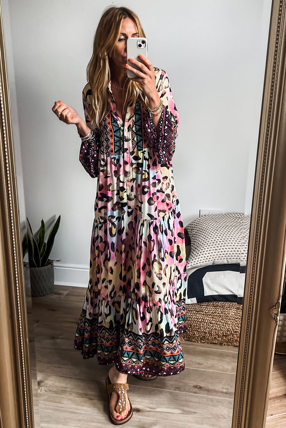 Pink Western Leopard Printed 3/4 Sleeve Buttoned Front Tiered Maxi Dress