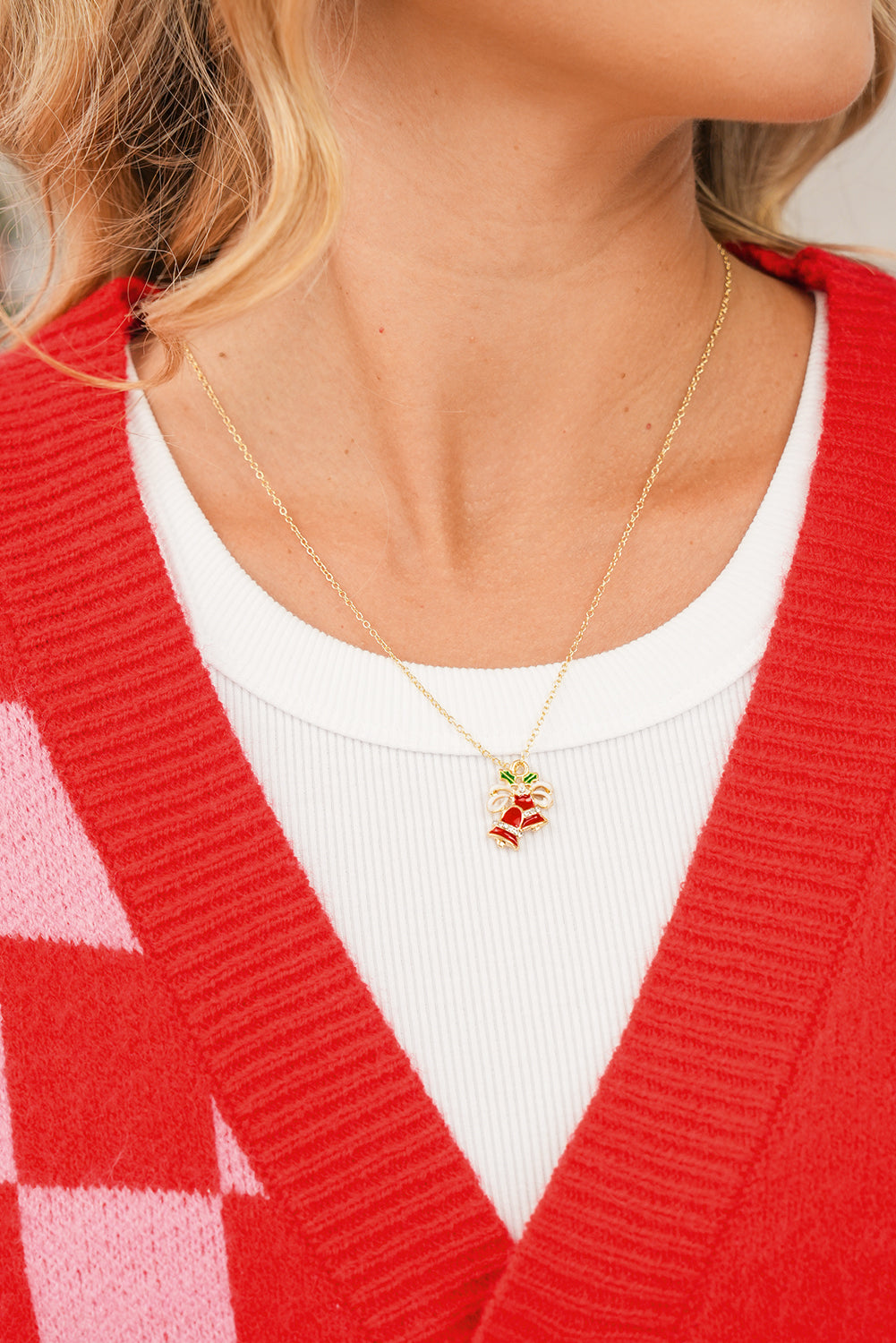 Gold Plated Chain Holly Rhinestone Jingle Bell Necklace