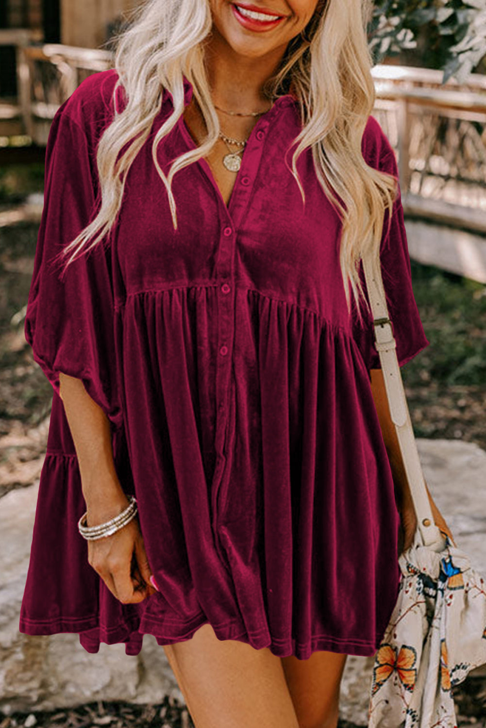Burgundy 3/4 Sleeve Tunic Babydoll Velvet Shirt