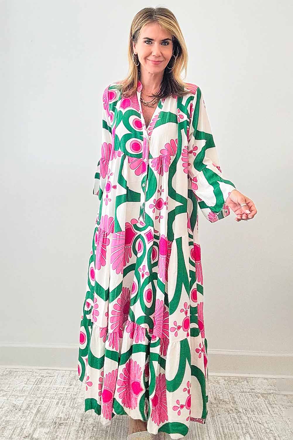 Pink Boho Floral Printed Long Sleeve Buttoned Loose Maxi Dress