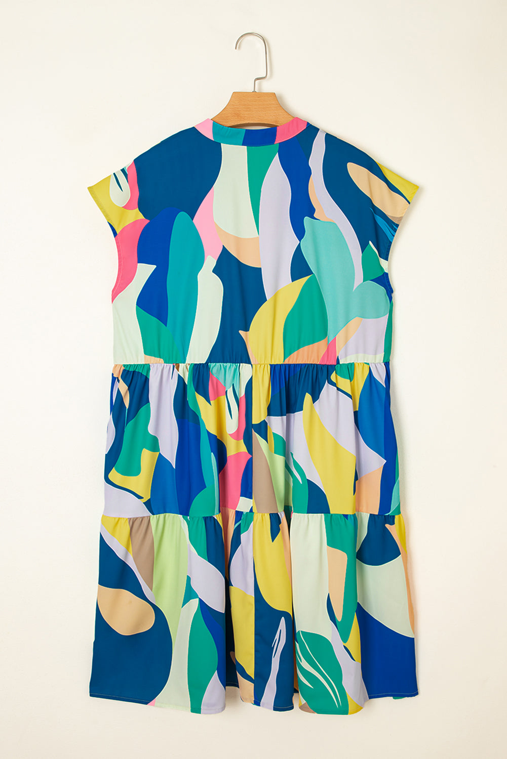 Blue Abstract Print V Neck Cap Sleeve Pocketed Mini Dress