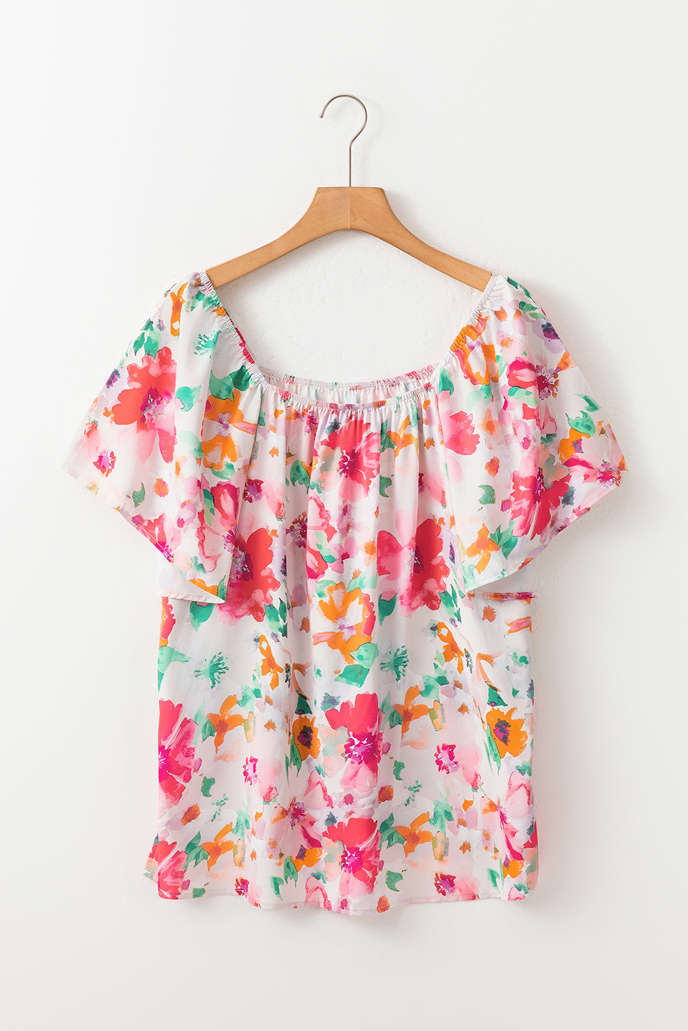 Multicolor Watercolor Floral Square Neck Ruffle Sleeve Blouse