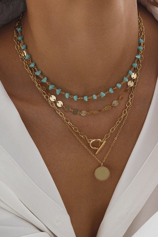 Gold Plated Toggle Disc Detail Turquoise Heart Beads 4pcs Necklace Set