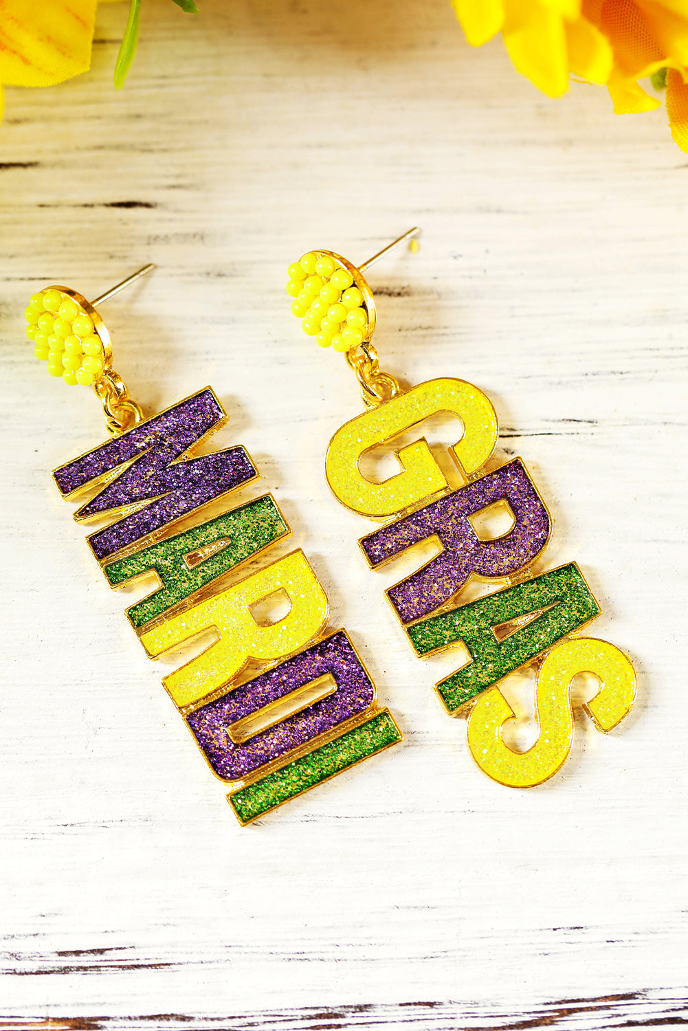 Yellow MARDI GRAS Shiny Letter Pendant Earrings