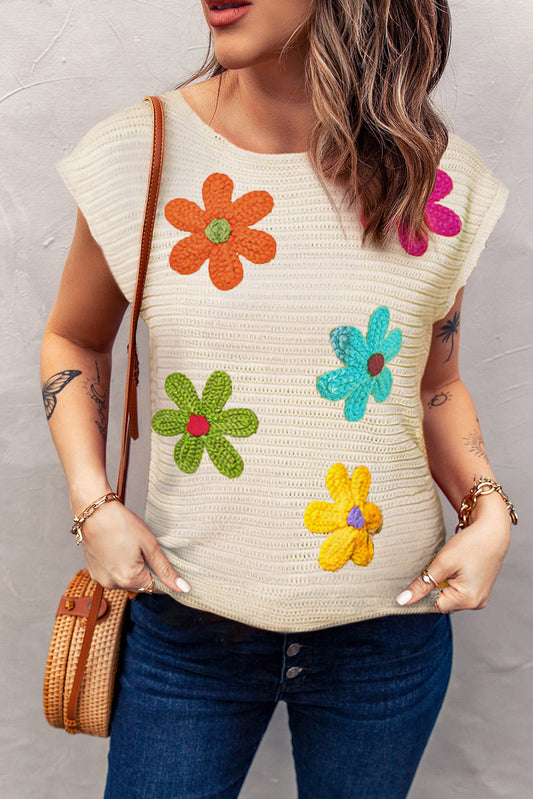 White Flower Crochet Round Neck Knitted Top