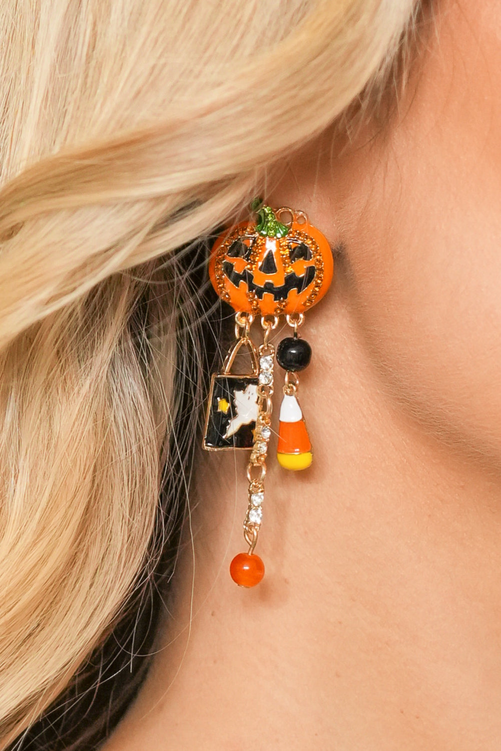 Orange Halloween Rhinestone Pumpkin Ghost Tassel Earrings