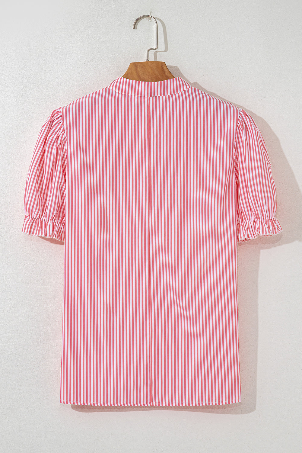 Pink Stripe Notched Neck Frilled Short Puff Sleeve Blouse