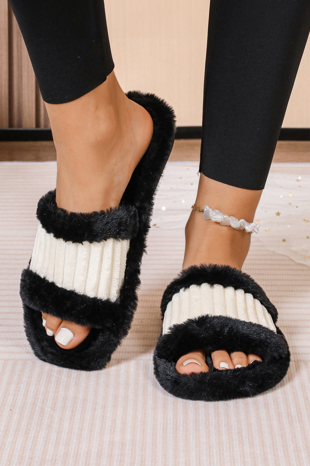 Black Plush Color Block Contrast Ribbed Patchwork Winter Slippers