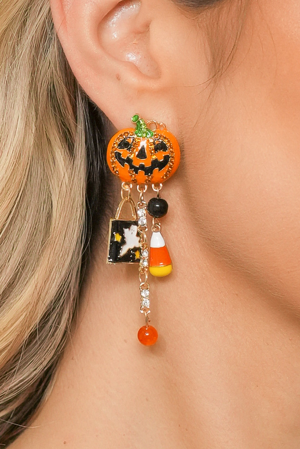 Orange Halloween Rhinestone Pumpkin Ghost Tassel Earrings