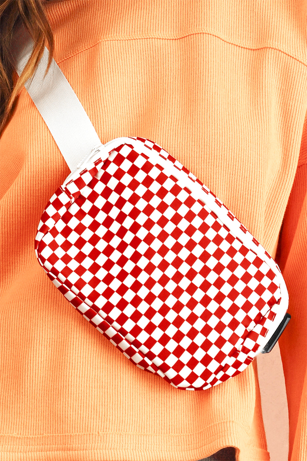 Fiery Red Checkered Print Zipped Buckle Strap Crossbody Bag