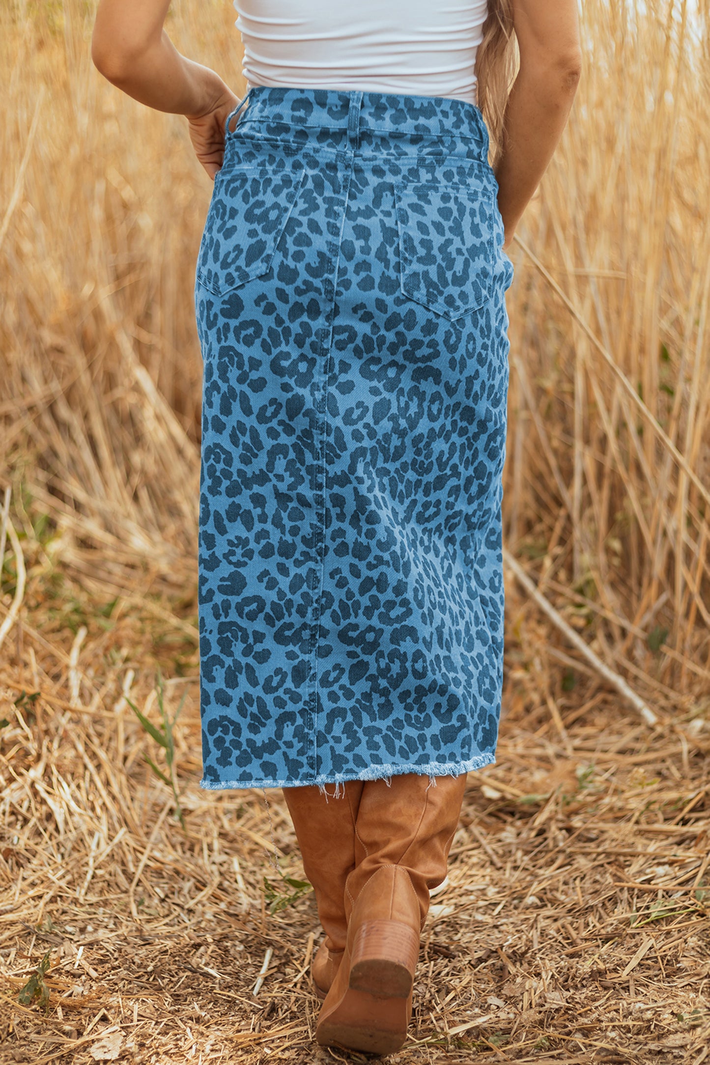 Sky Blue Leopard Denim Frayed Split Denim Midi Skirt