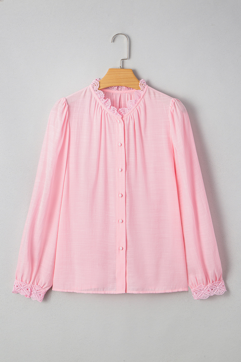 Gossamer Pink Lace Patchwork Edge Collarless Button Up Shirt