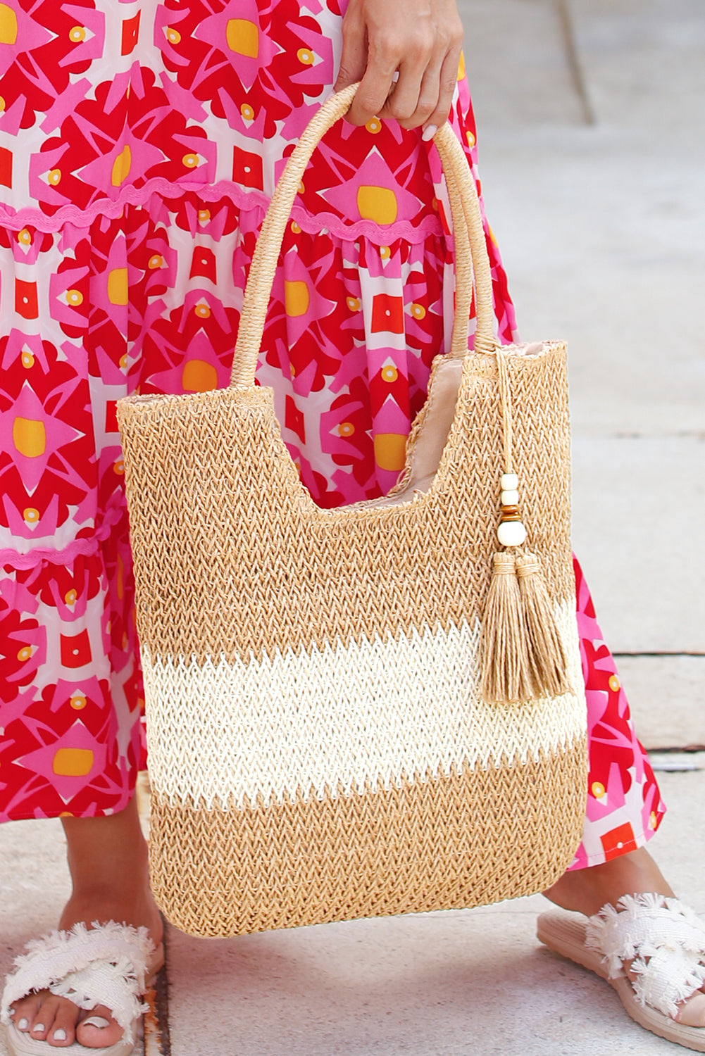 Chestnut Color Block Straw Woven Tassel Decor Tote Bag