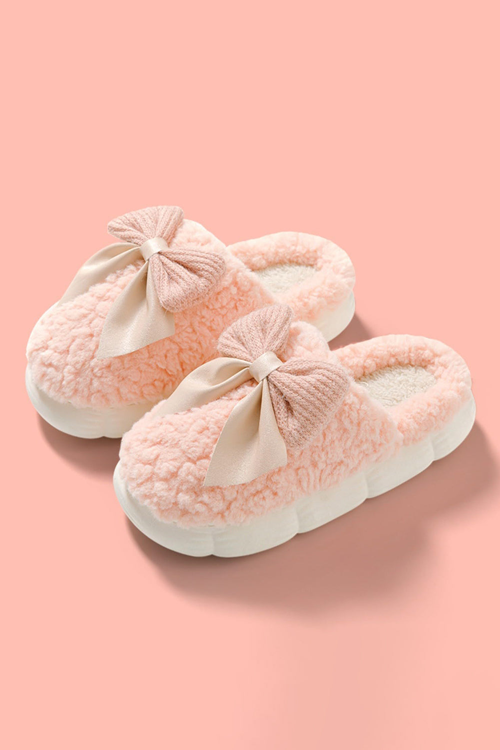 Pink Contrast Bowknot Applique Plush Winter Slippers (Bow Colors May Differ by Batch)