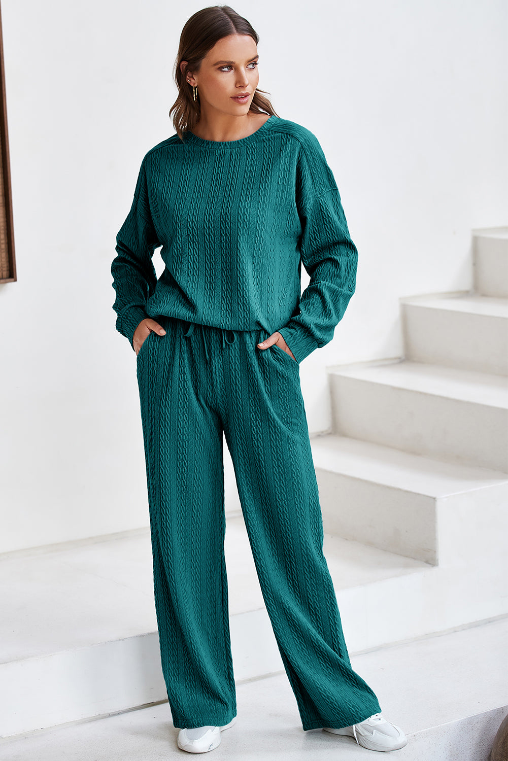 Sea Green Textured Round Neck Sweatshirt & Loose Drawstring High Waist Pant Set