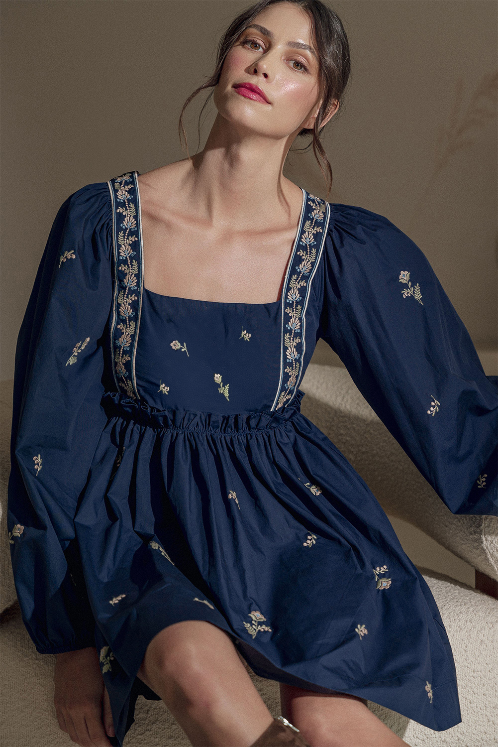 Blue Floral Embroidered Square Neck Puff Sleeve Ruffled Mini Dress