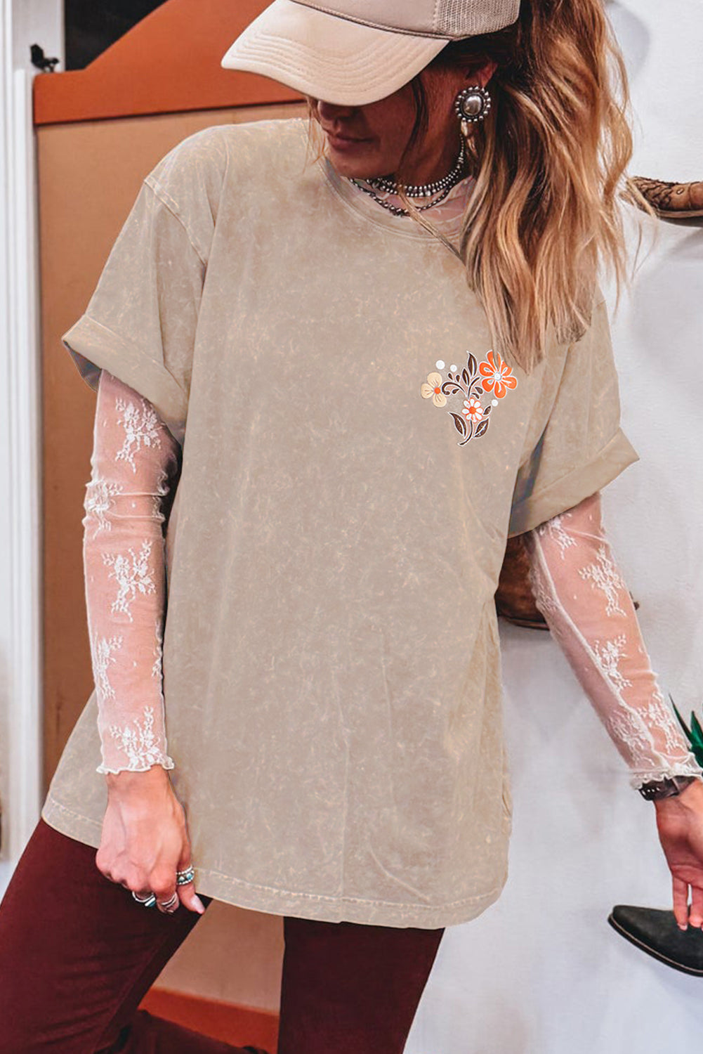 Smoke Gray Mineral Wash Floral Steer Head Printed Back Western Fashion Tee