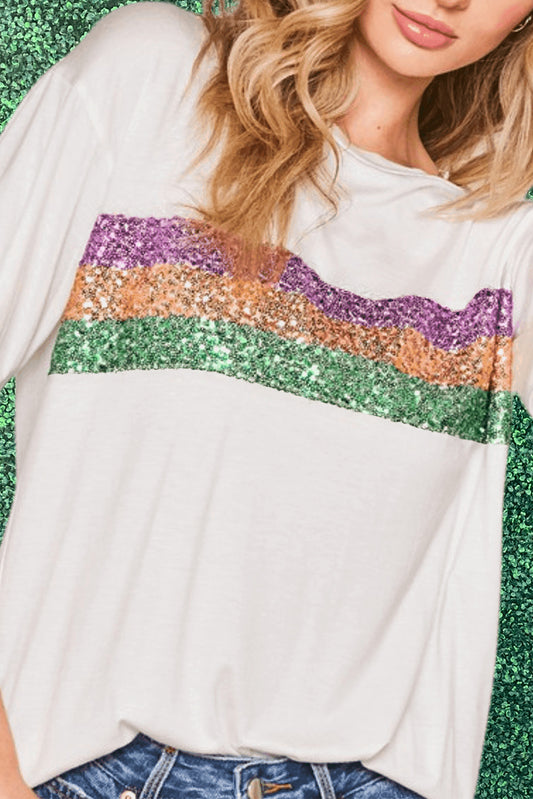 White Sequin Stripes Patchwork Mardi Gras Crew Neck T Shirt