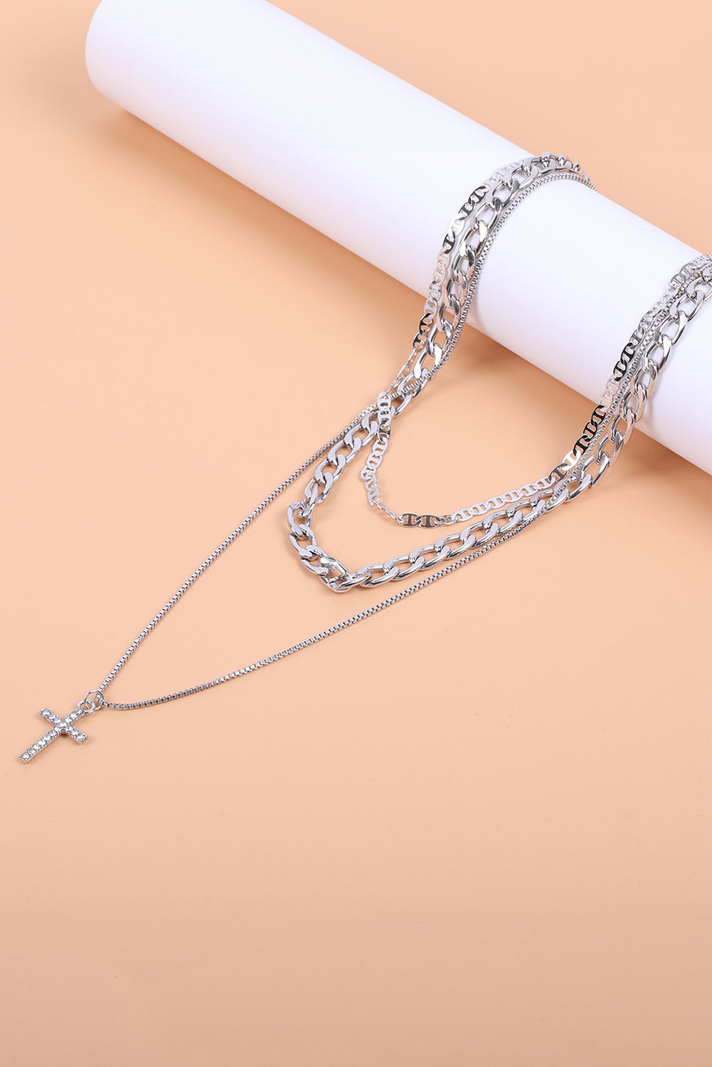 Silvery Plated Cross Pendant Multi Layer Stacked Chains Necklace