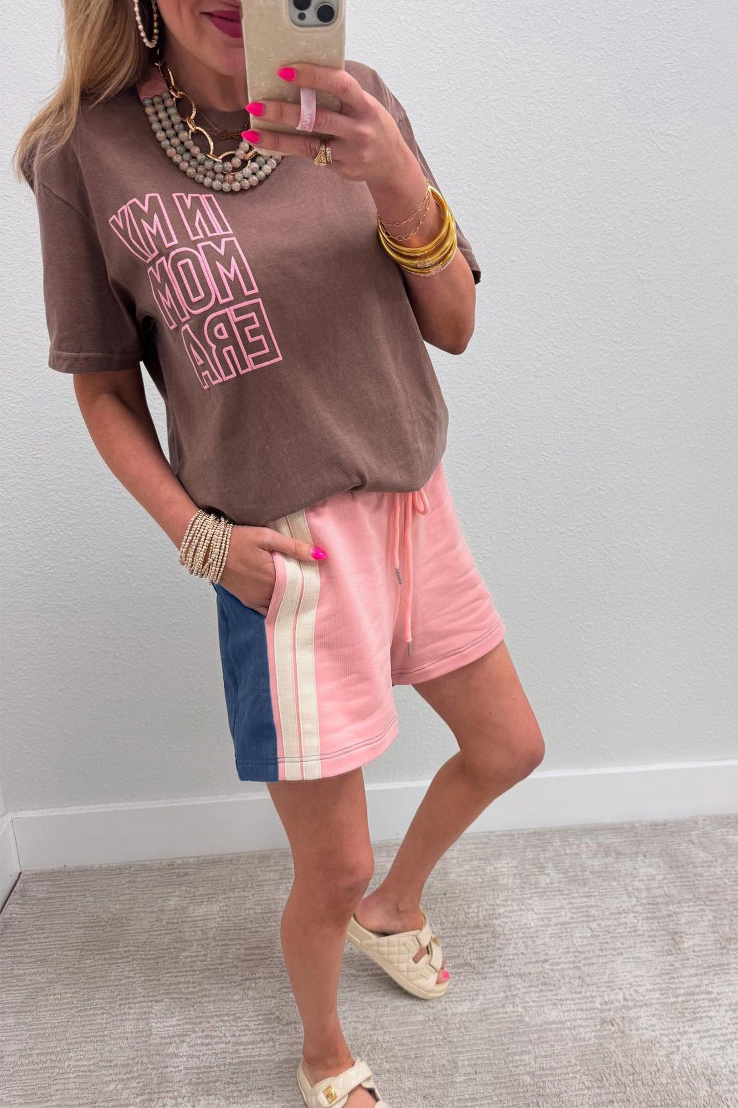 Pink Color Block Patchwork Varsity Striped Detail Drawstring Elastic Waist Shorts