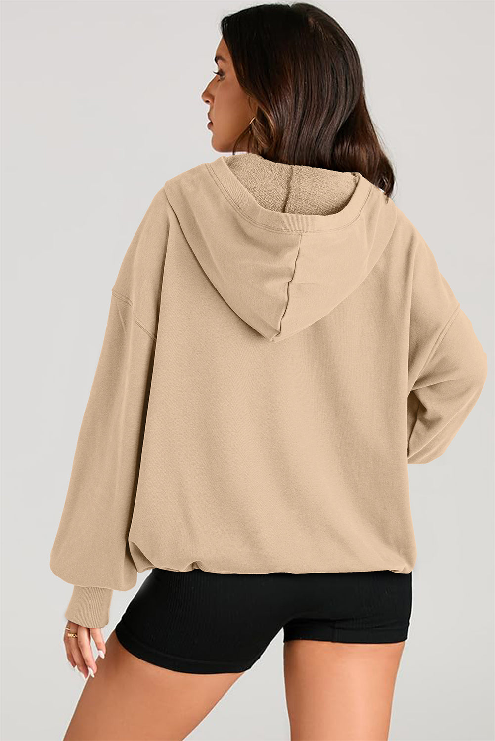 Parchment Solid Kangaroo Pocket Half Zipper Oversized Hoodie